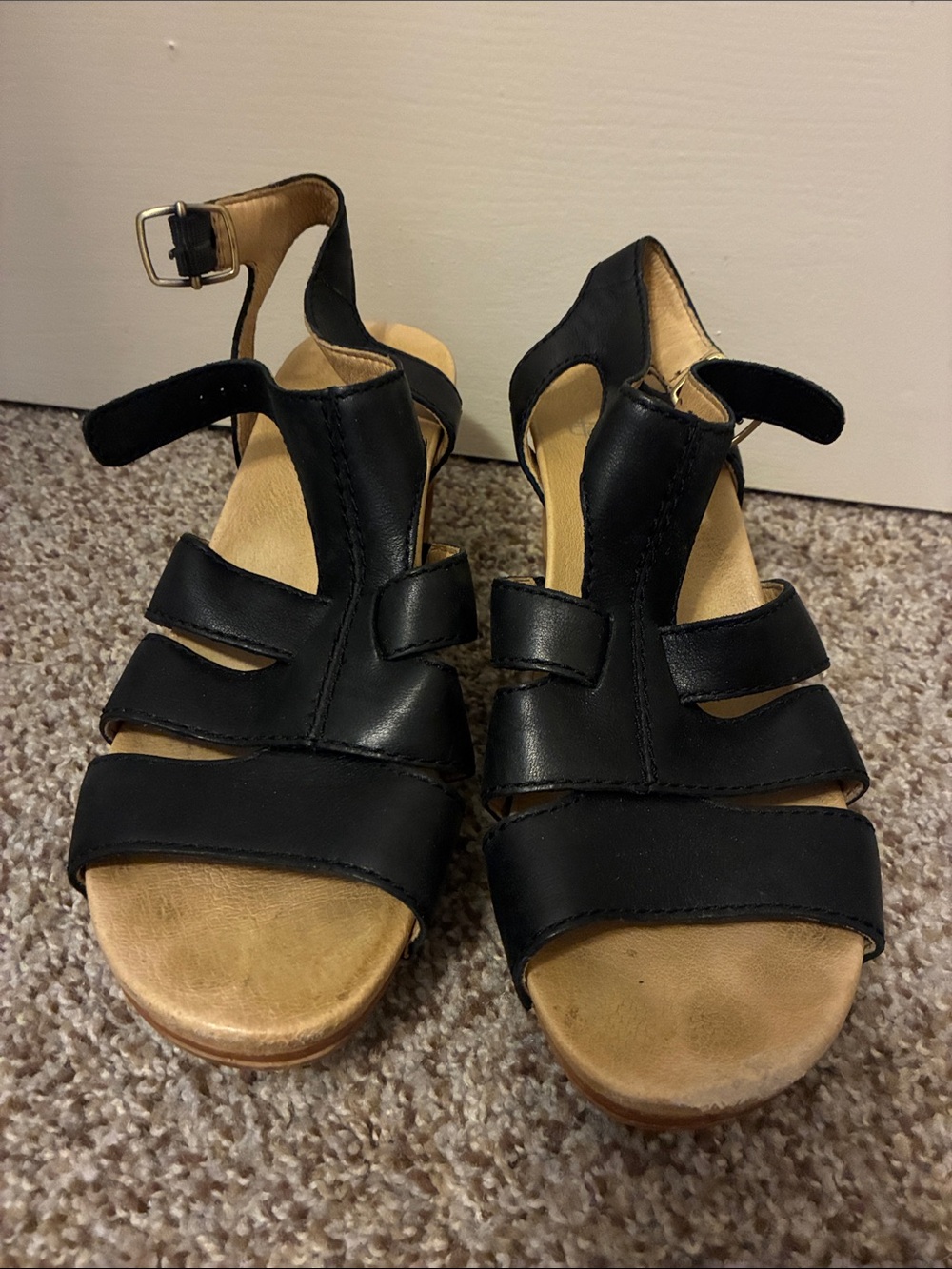 Dansko Black Leather Wedge Sandals with Ankle Strap
